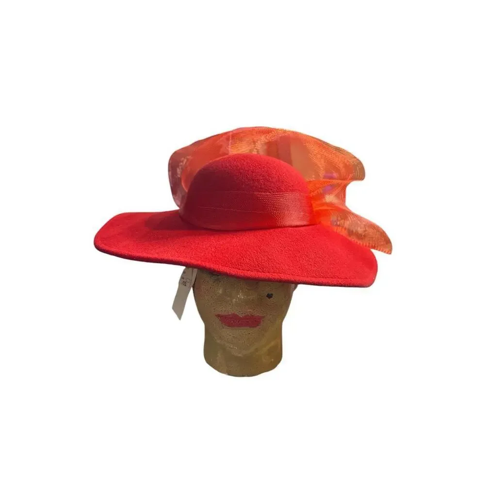 red wool wide brim hat dating to the glamorous 1980s. It has a low rounded crown